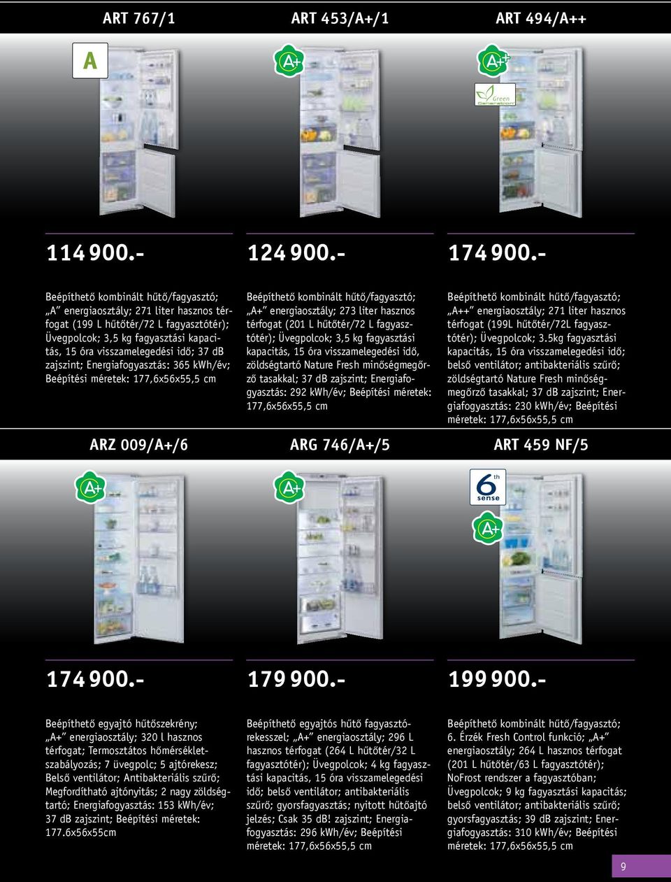 zajszint; Energiafogyasztás: 365 kwh/év; Beépítési méretek: 177,6x56x55,5 cm ARZ 009/A+/6 Beépíthető kombinált hűtő/fagyasztó; A+ energiaosztály; 273 liter hasznos térfogat (201 L hűtőtér/72 L