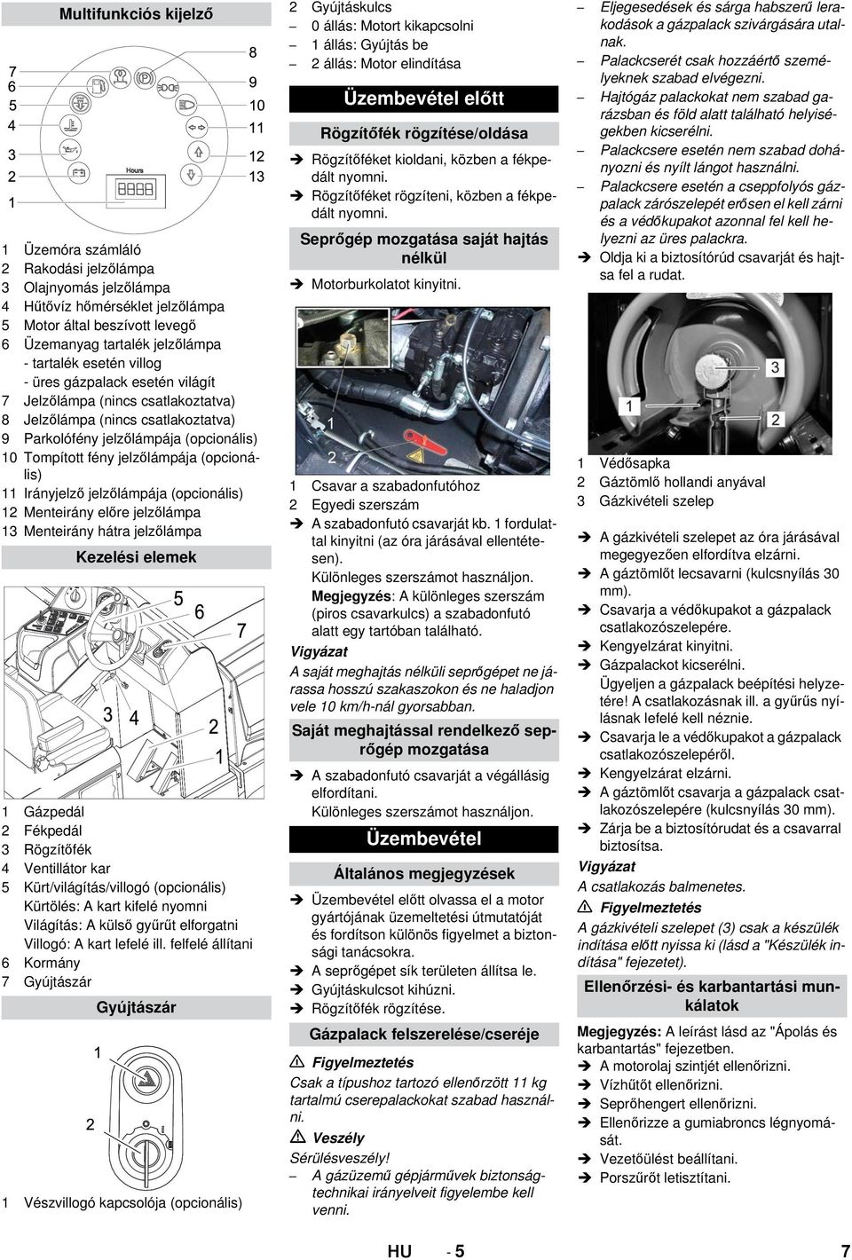(opcionális) 11 Irányjelző jelzőlámpája (opcionális) 12 Menteirány előre jelzőlámpa 13 Menteirány hátra jelzőlámpa Kezelési elemek 1 Gázpedál 2 Fékpedál 3 Rögzítőfék 4 Ventillátor kar 5