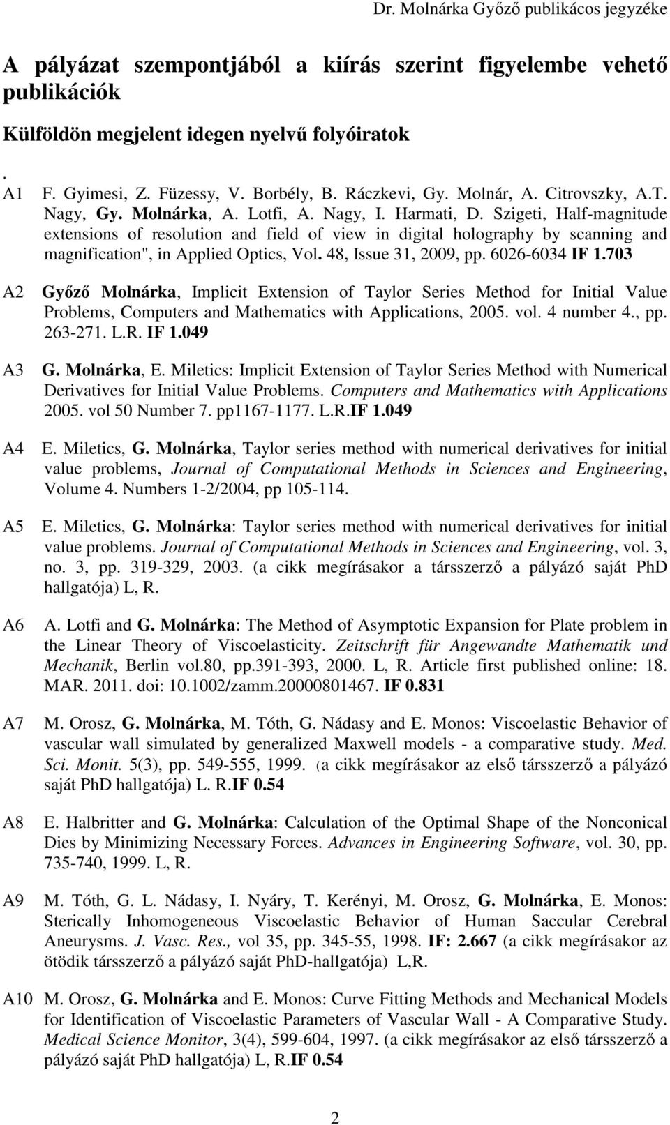 Szigeti, Half-magnitude extensions of resolution and field of view in digital holography by scanning and magnification", in Applied Optics, Vol. 48, Issue 31, 2009, pp. 6026-6034 IF 1.