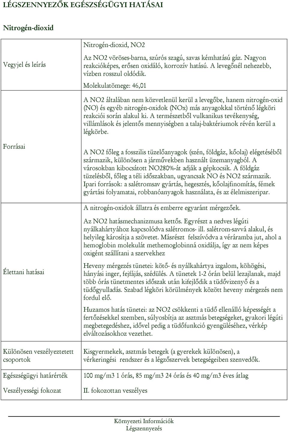 Molekulatömege: 46,01 A NO2 általában nem közvetlenül kerül a levegőbe, hanem nitrogén-oxid (NO) és egyéb nitrogén-oxidok (NOx) más anyagokkal történő légköri reakciói során alakul ki.