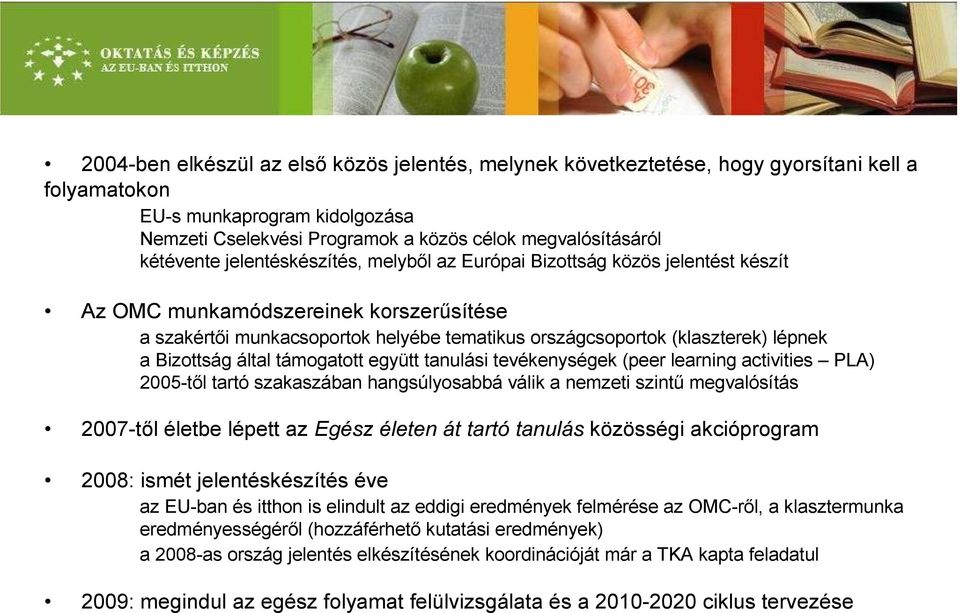 lépnek a Bizottság által támogatott együtt tanulási tevékenységek (peer learning activities PLA) 2005-től tartó szakaszában hangsúlyosabbá válik a nemzeti szintű megvalósítás 2007-től életbe lépett