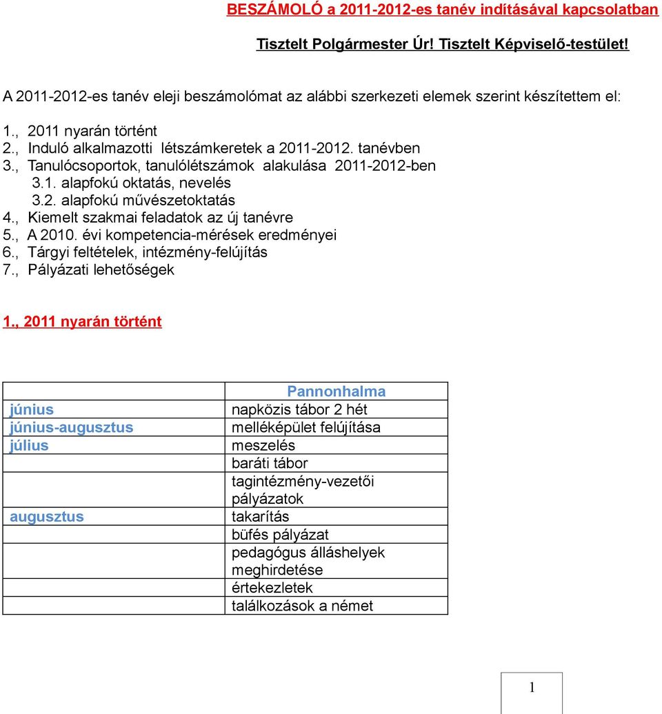 , Kiemelt szakmai feladatok az új tanévre 5., A 200. évi kompetencia-mérések eredményei 6., Tárgyi feltételek, intézmény-felújítás 7., Pályázati lehetőségek.