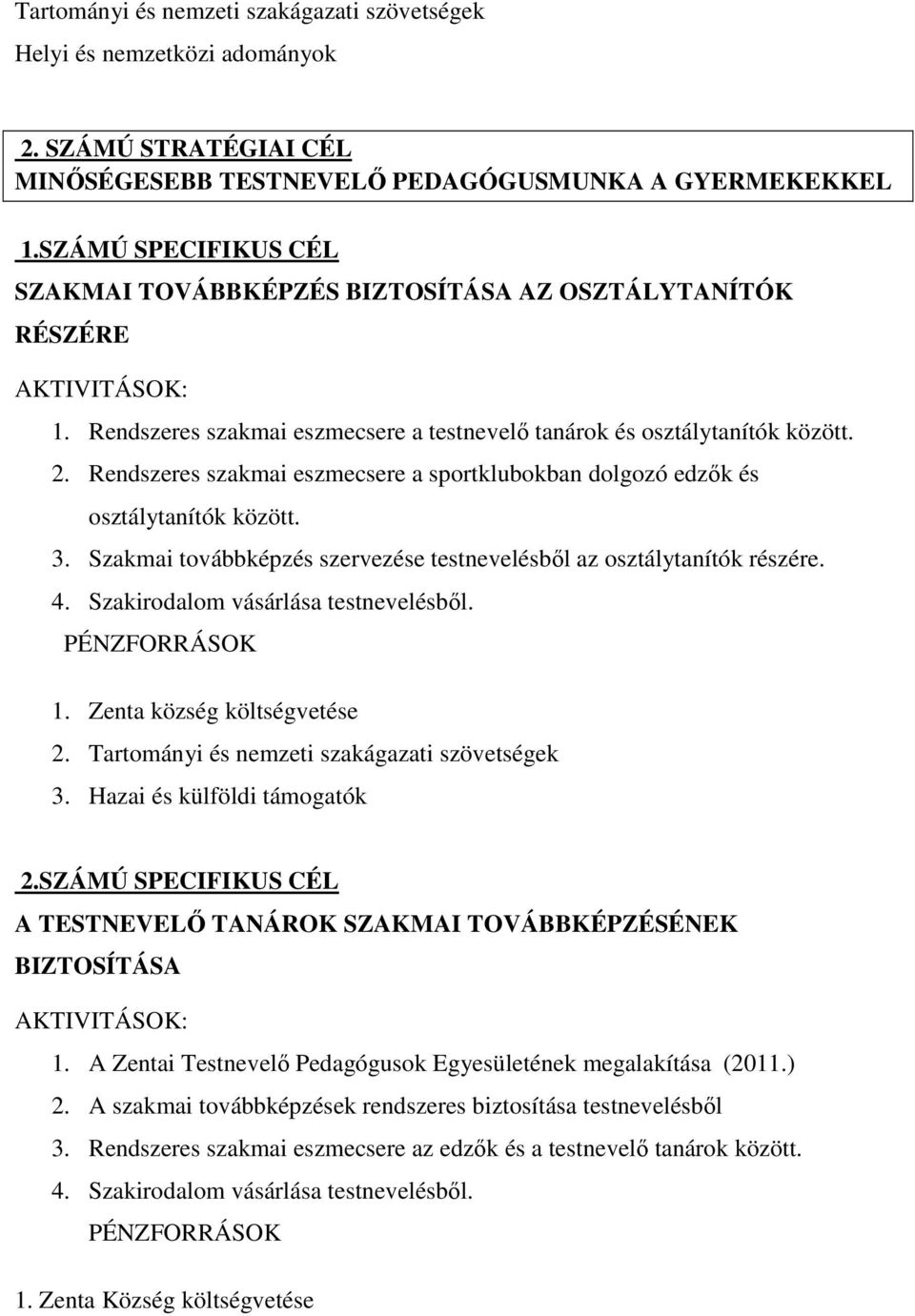 Rendszeres szakmai eszmecsere a sportklubokban dolgozó edzők és osztálytanítók között. 3. Szakmai továbbképzés szervezése testnevelésből az osztálytanítók részére. 4.