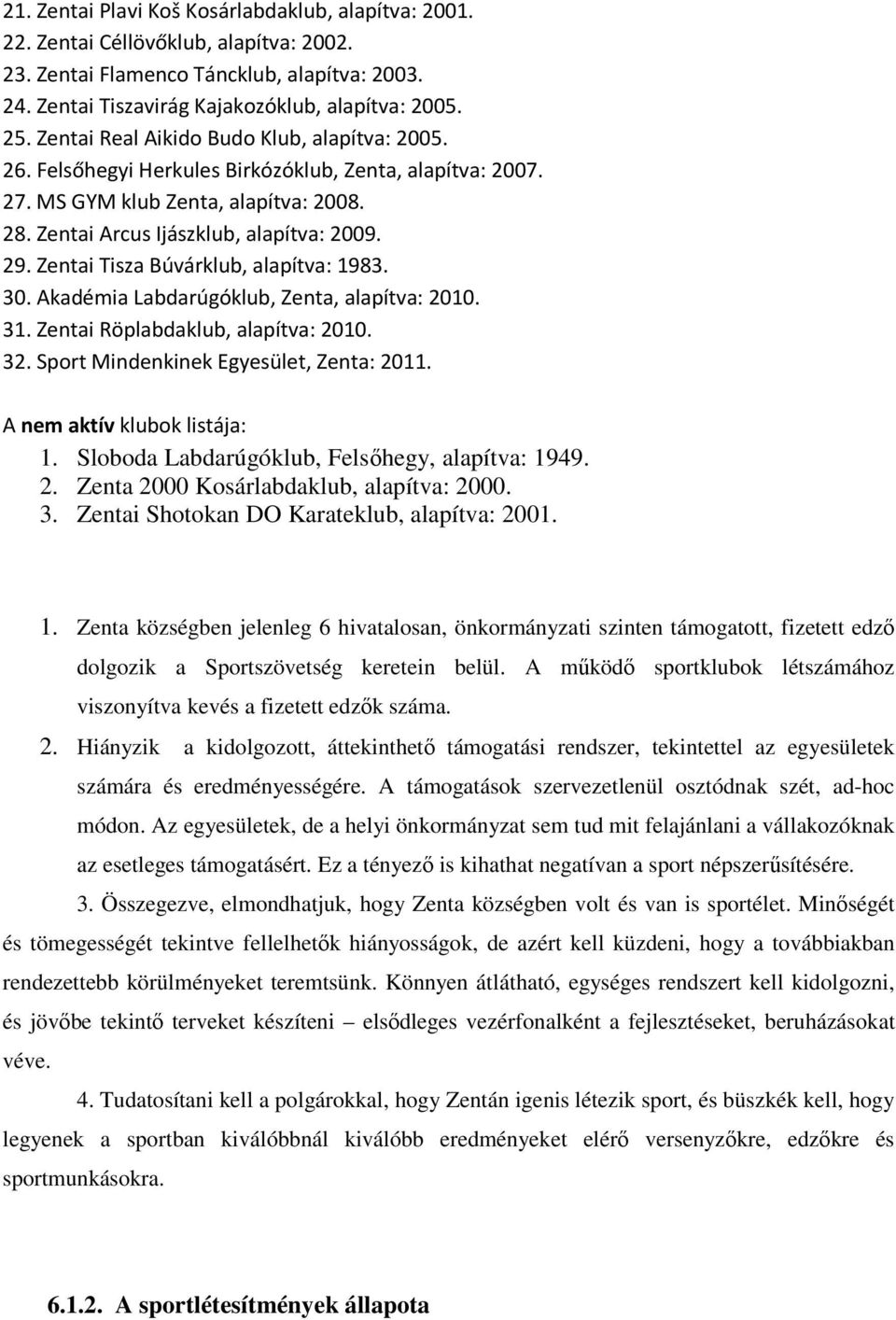 Zentai Tisza Búvárklub, alapítva: 1983. 30. Akadémia Labdarúgóklub, Zenta, alapítva: 2010. 31. Zentai Röplabdaklub, alapítva: 2010. 32. Sport Mindenkinek Egyesület, Zenta: 2011.
