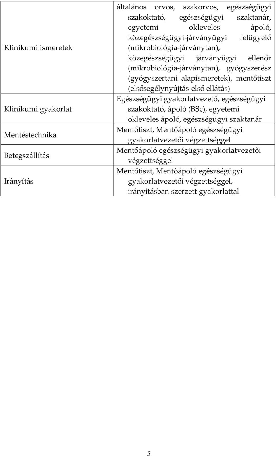 (elsősegélynyújt{s-első ell{t{s) Egészségügyi gyakorlatvezető, egészségügyi szakoktató, {poló (BSc), egyetemi okleveles {poló, egészségügyi szaktan{r Mentőtiszt, Mentő{poló egészségügyi