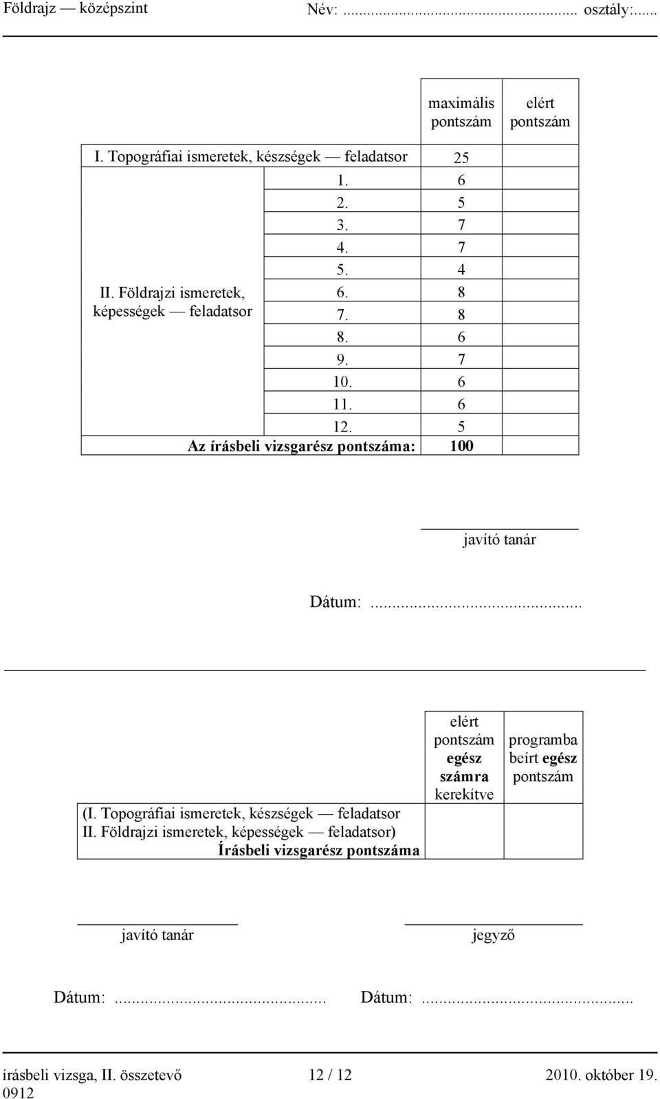 Topográfiai ismeretek, készségek feladatsor II.