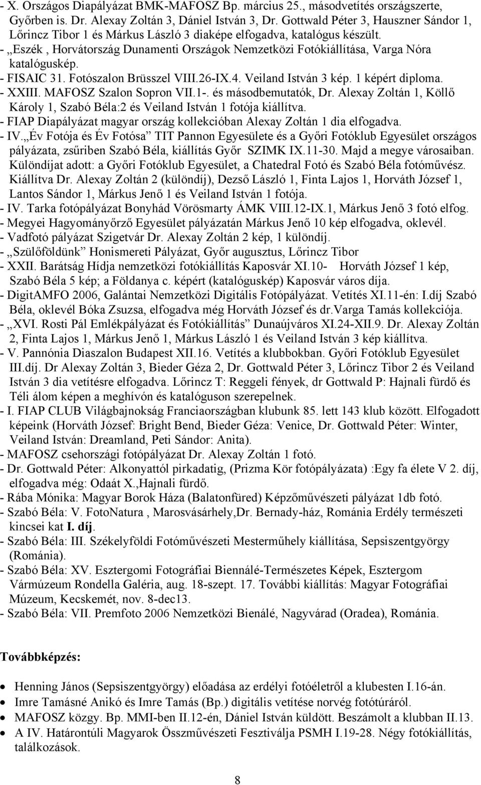 - Eszék, Horvátország Dunamenti Országok Nemzetközi Fotókiállítása, Varga Nóra katalóguskép. - FISAIC 31. Fotószalon Brüsszel VIII.26-IX.4. Veiland István 3 kép. 1 képért diploma. - XXIII.