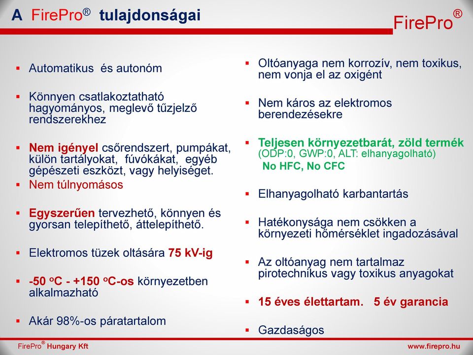 Elektromos tüzek oltására 75 kv-ig -50 o C - +150 o C-os környezetben alkalmazható Akár 98%-os páratartalom Hungary Kft Oltóanyaga nem korrozív, nem toxikus, nem vonja el az oxigént Nem káros az