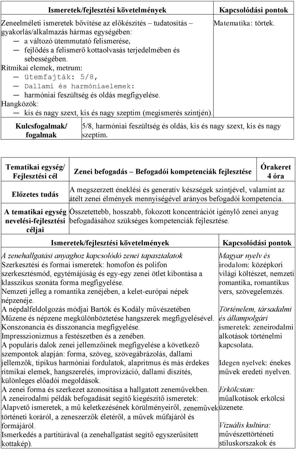 Ritmikai elemek, metrum: ütemfajták: 5/8, Dallami és harmóniaelemek: harmóniai feszültség és oldás megfigyelése. Hangközök: kis és nagy szext, kis és nagy szeptim (megismerés szintjén).