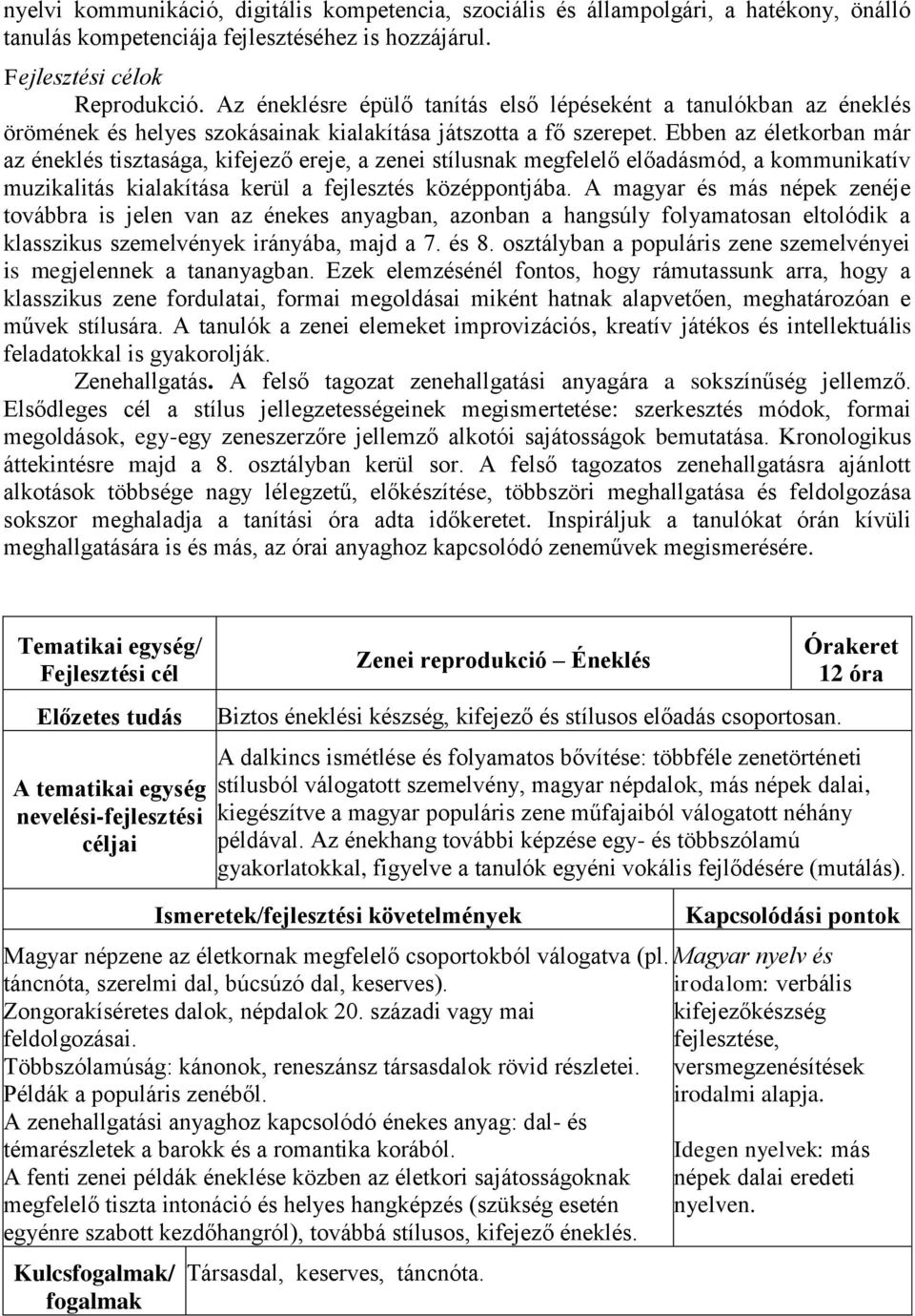 Ebben az életkorban már az éneklés tisztasága, kifejező ereje, a zenei stílusnak megfelelő előadásmód, a kommunikatív muzikalitás kialakítása kerül a fejlesztés középpontjába.