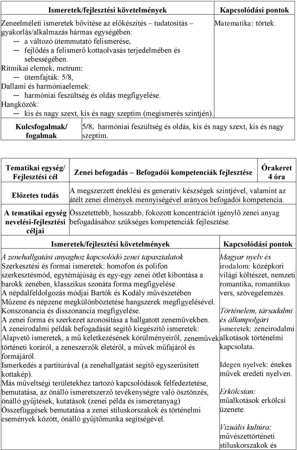 Ritmikai elemek, metrum: ütemfajták: 5/8, Dallami és harmóniaelemek: harmóniai feszültség és oldás megfigyelése. Hangközök: kis és nagy szext, kis és nagy szeptim (megismerés szintjén).