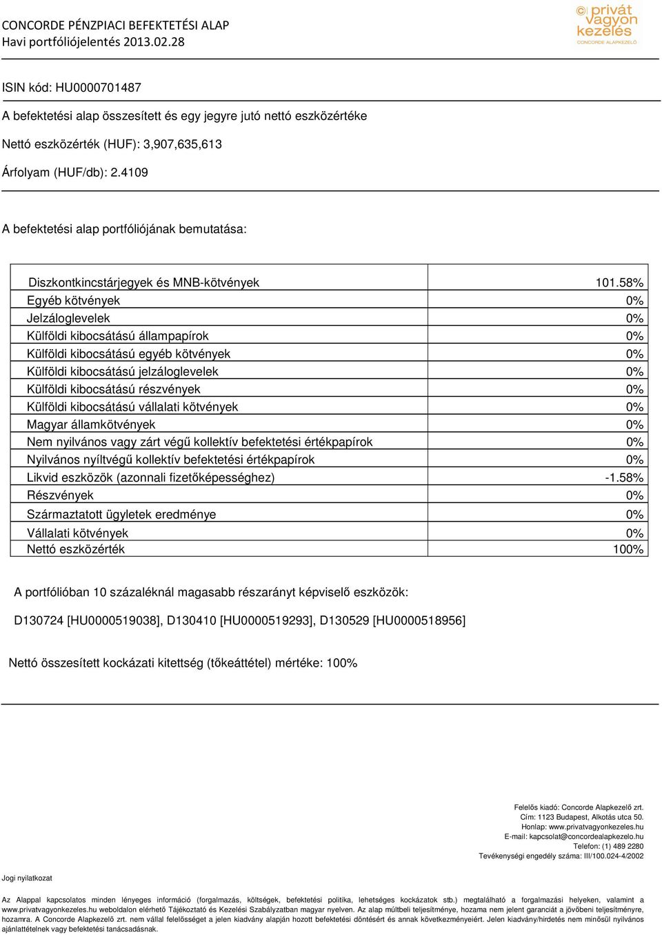 4109 A befektetési alap portfóliójának bemutatása: Diszkontkincstárjegyek és MNB-kötvények 101.