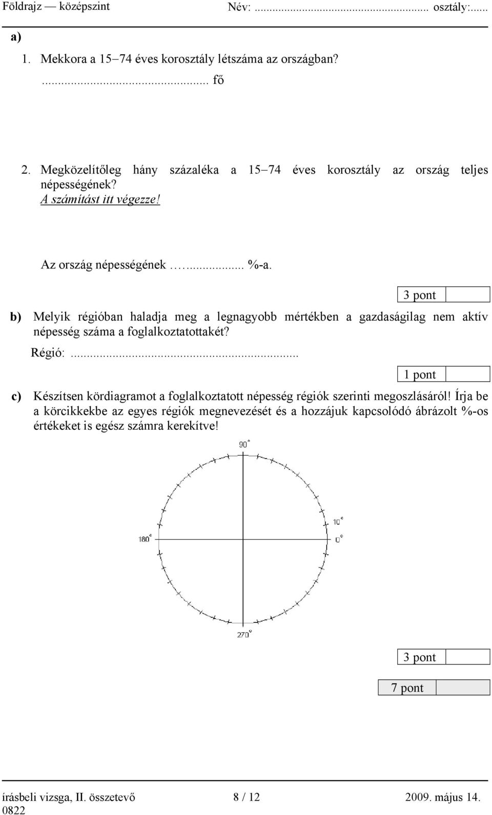 3 pont b) Melyik régióban haladja meg a legnagyobb mértékben a gazdaságilag nem aktív népesség száma a foglalkoztatottakét? Régió:.