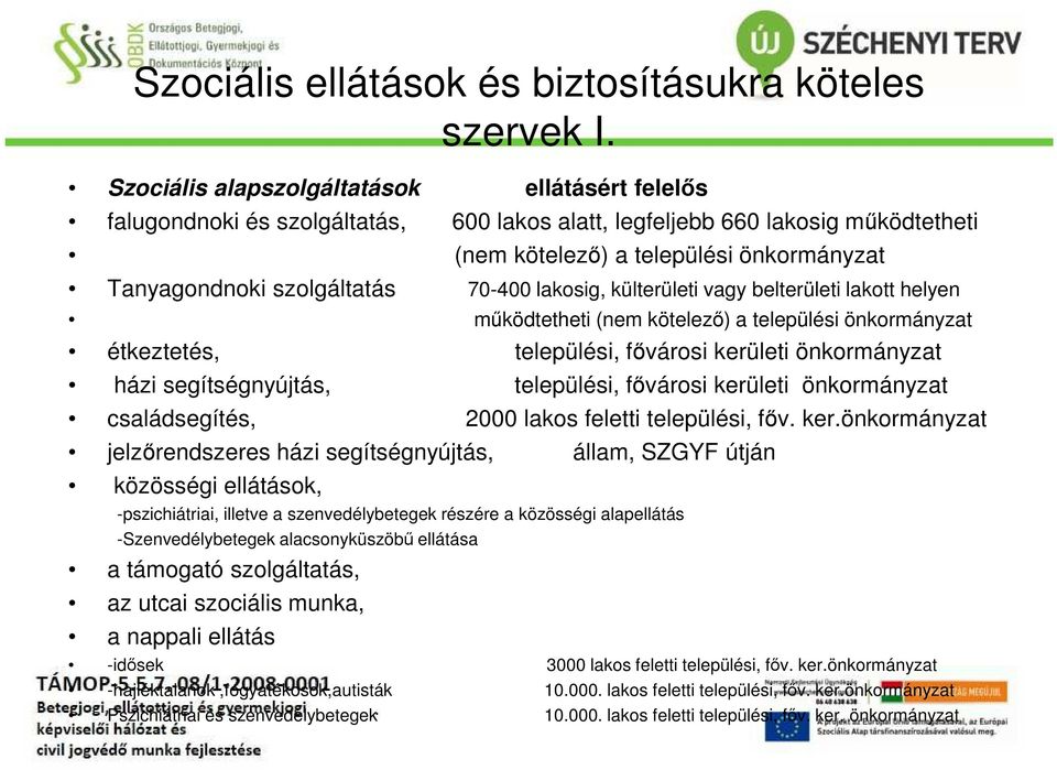 70-400 lakosig, külterületi vagy belterületi lakott helyen működtetheti (nem kötelező) a települési önkormányzat étkeztetés, települési, fővárosi kerületi önkormányzat házi segítségnyújtás,