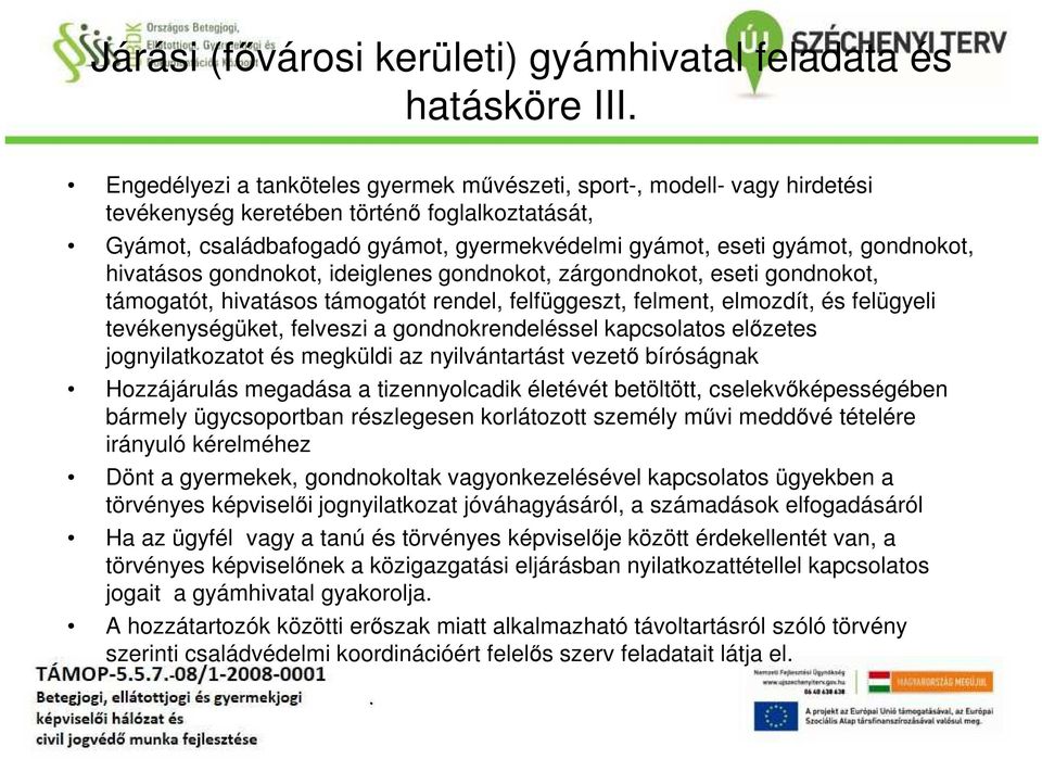 gondnokot, hivatásos gondnokot, ideiglenes gondnokot, zárgondnokot, eseti gondnokot, támogatót, hivatásos támogatót rendel, felfüggeszt, felment, elmozdít, és felügyeli tevékenységüket, felveszi a