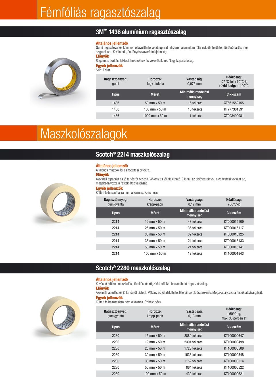 Maszkolószalagok lágy alufólia 0,075 mm -25 C-tól +70 C-ig, rövid ideig: + 100 C 1436 50 mm x 50 m 16 tekercs XT661552155 1436 100 mm x 50 m 16 tekercs KT777301591 1436 1000 mm x 50 m 1 tekercs