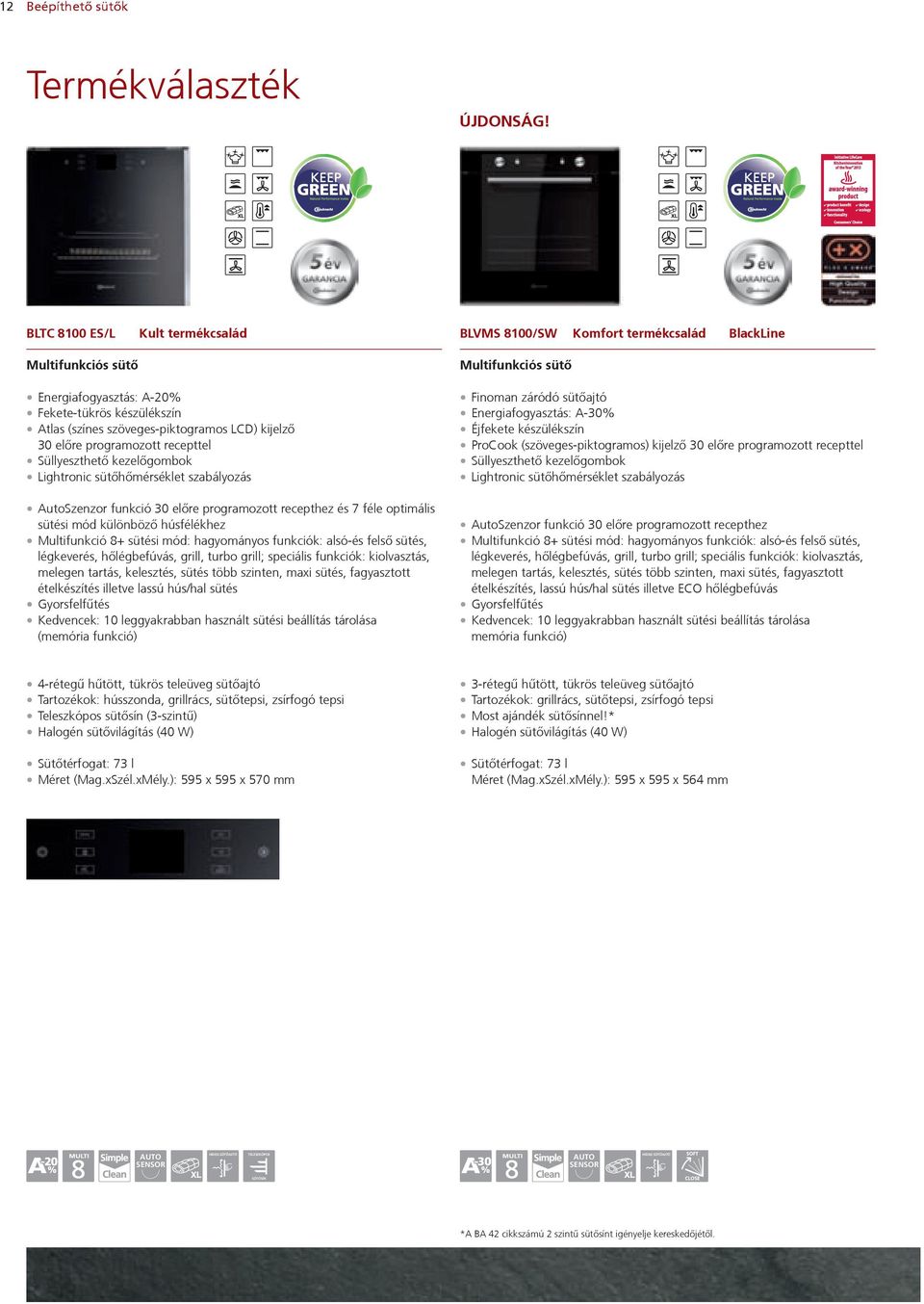 szöveges-piktogramos LCD) kijelző 30 előre programozott recepttel Süllyeszthető kezelőgombok Lightronic sütőhőmérséklet szabályozás AutoSzenzor funkció 30 előre programozott recepthez és 7 féle