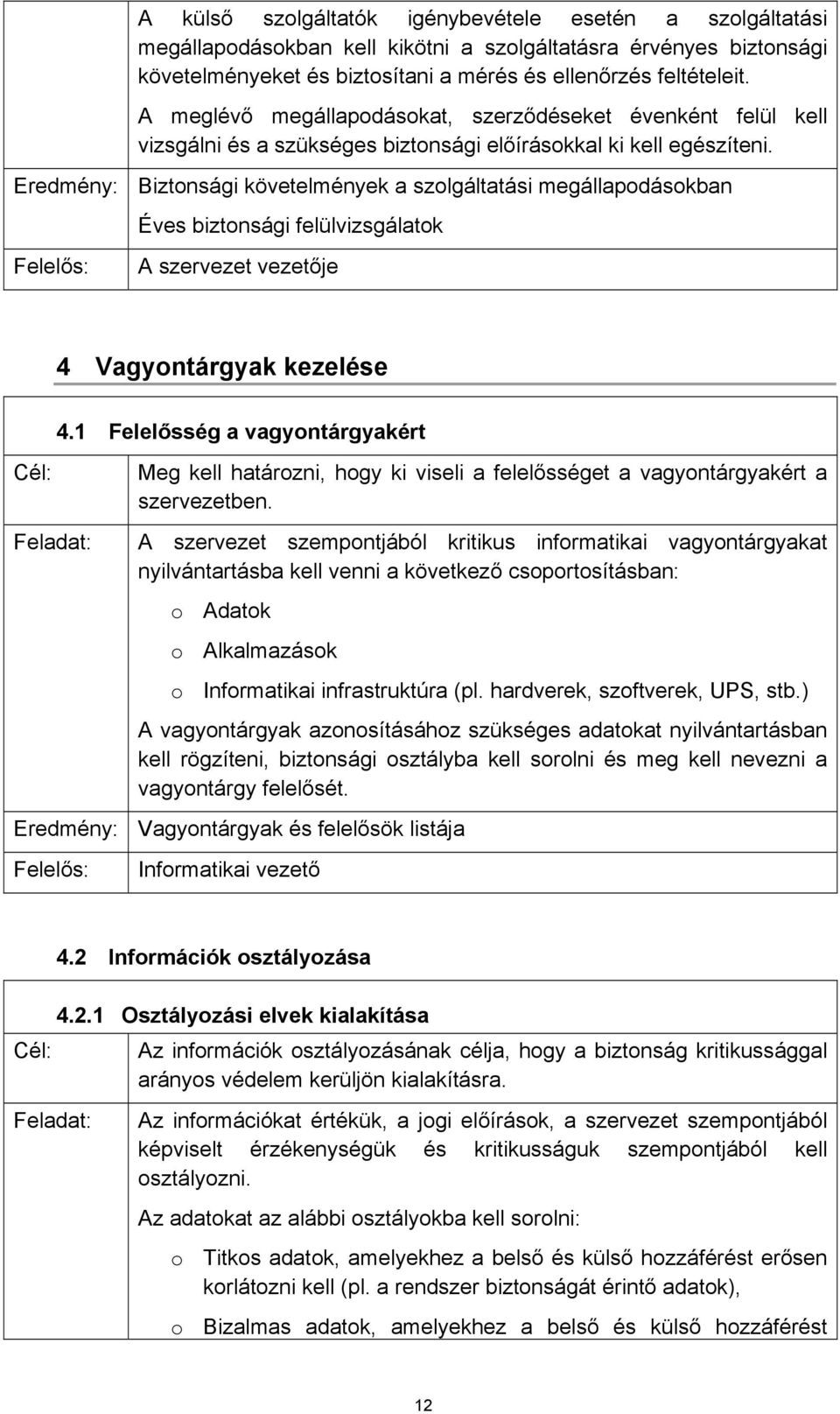 Eredmény: Biztonsági követelmények a szolgáltatási megállapodásokban Éves biztonsági felülvizsgálatok A szervezet vezetője 4 Vagyontárgyak kezelése 4.