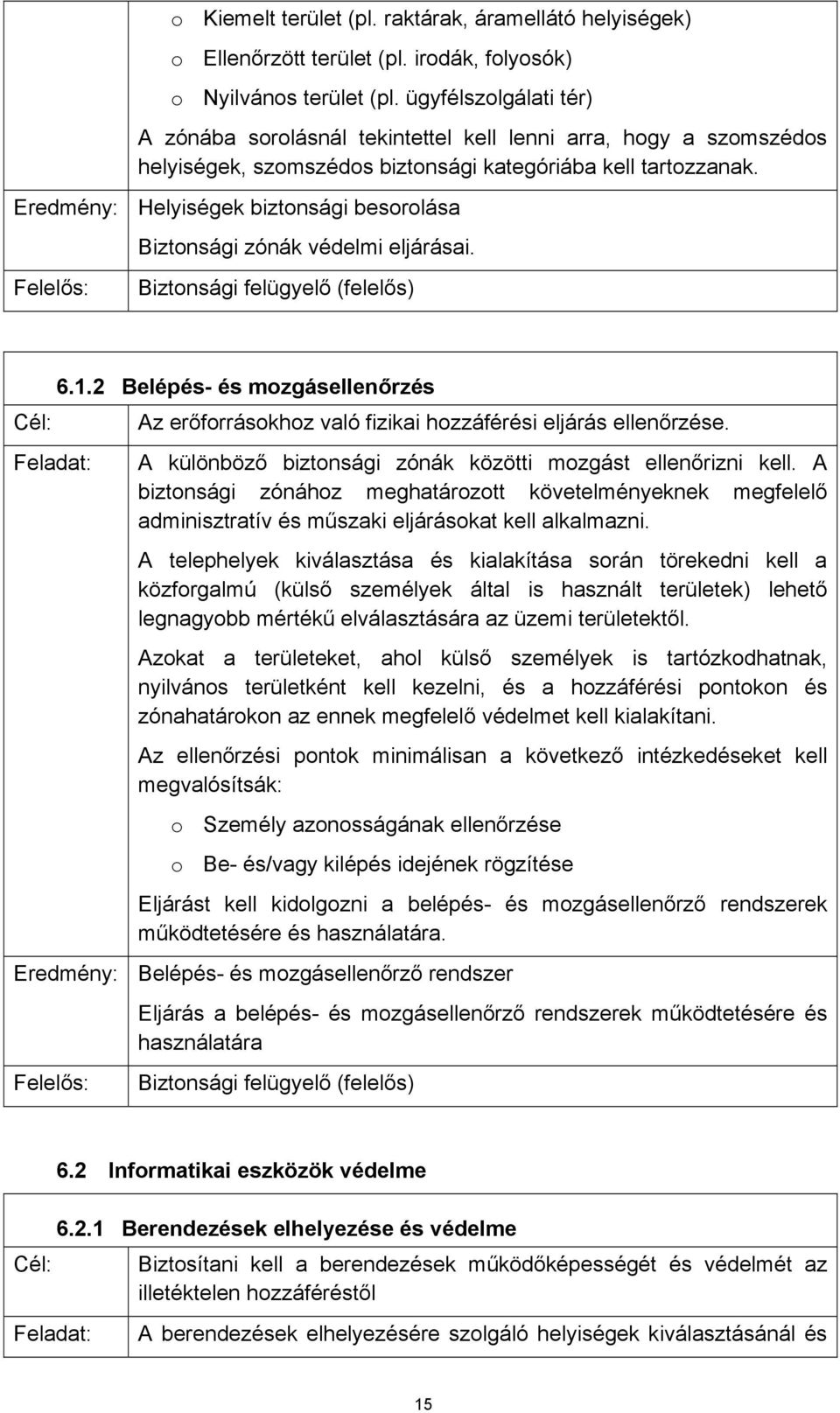 Eredmény: Helyiségek biztonsági besorolása Biztonsági zónák védelmi eljárásai. Biztonsági felügyelő (felelős) 6.1.