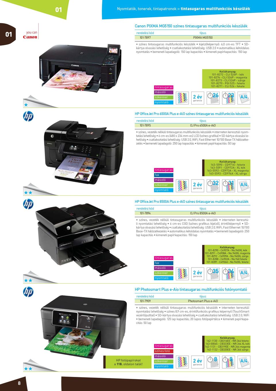 0 automatikus kétoldalas nyomtatás bemeneti lapadagoló: 150 lap kapacitás kimeneti papírkapacitás: 150 lap tintasugaras szkenner 2 év 1-8272 - CLI 526P - kék 1-8274 - CLI 526P - magenta 1-8273 - CLI