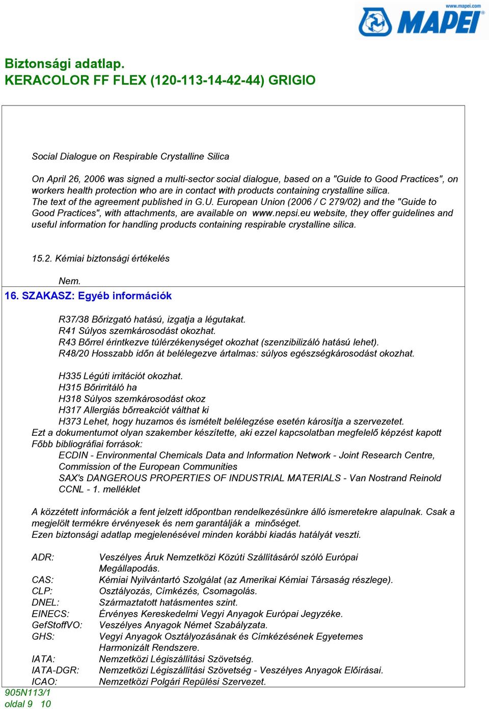 nepsi.eu website, they offer guidelines and useful information for handling products containing respirable crystalline silica. 15.2. Kémiai biztonsági értékelés Nem. 16.