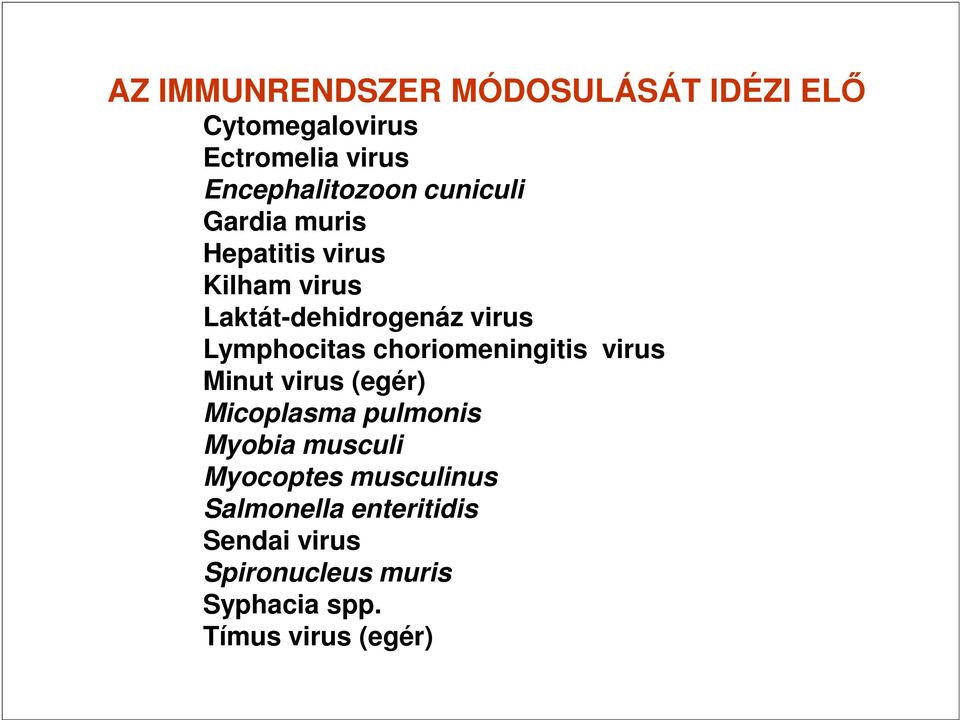 choriomeningitis virus Minut virus (egér) Micoplasma pulmonis Myobia musculi Myocoptes
