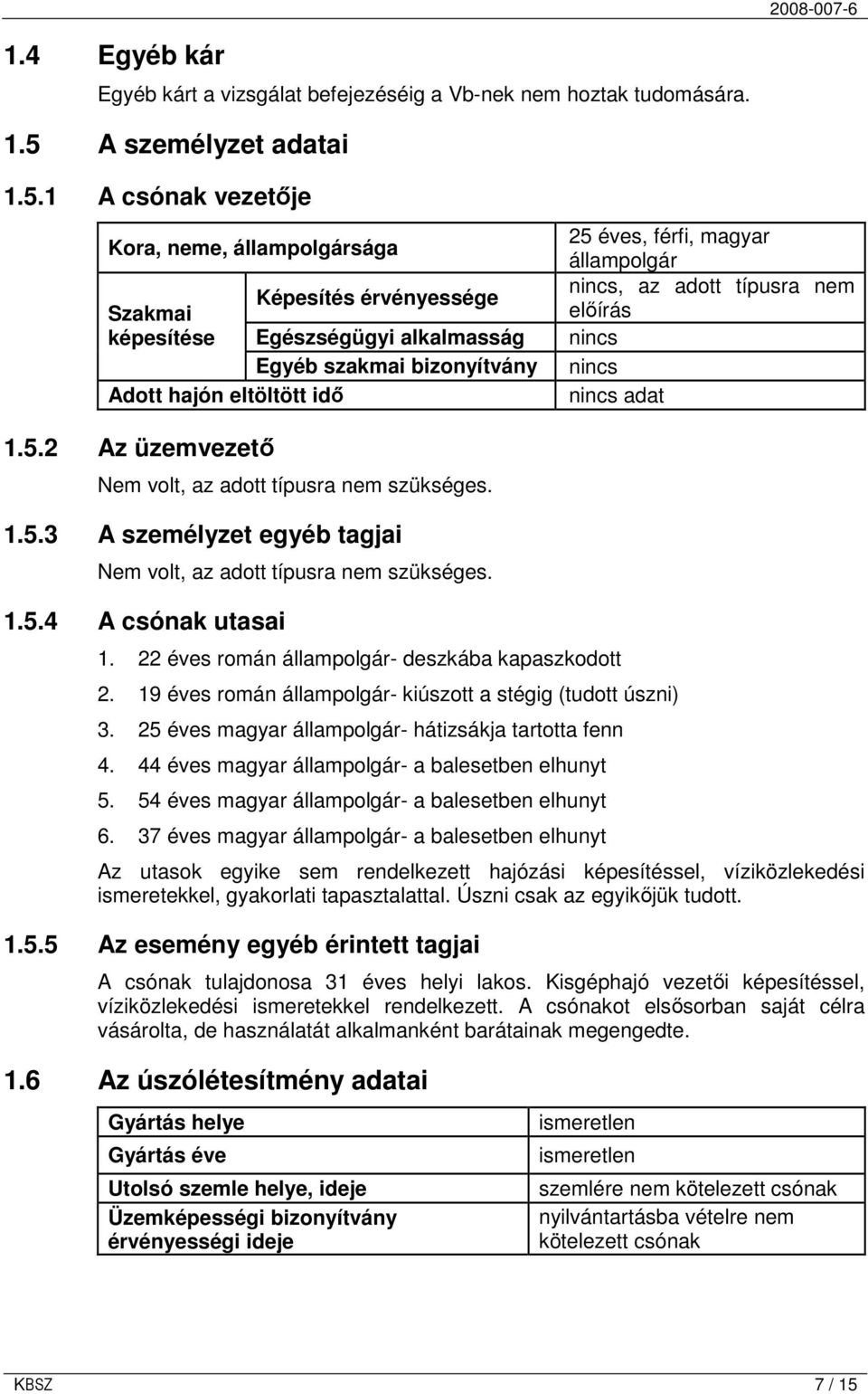 1 A csónak vezetıje Kora, neme, állampolgársága Képesítés érvényessége Szakmai képesítése Egészségügyi alkalmasság Egyéb szakmai bizonyítvány Adott hajón eltöltött idı 25 éves, férfi, magyar