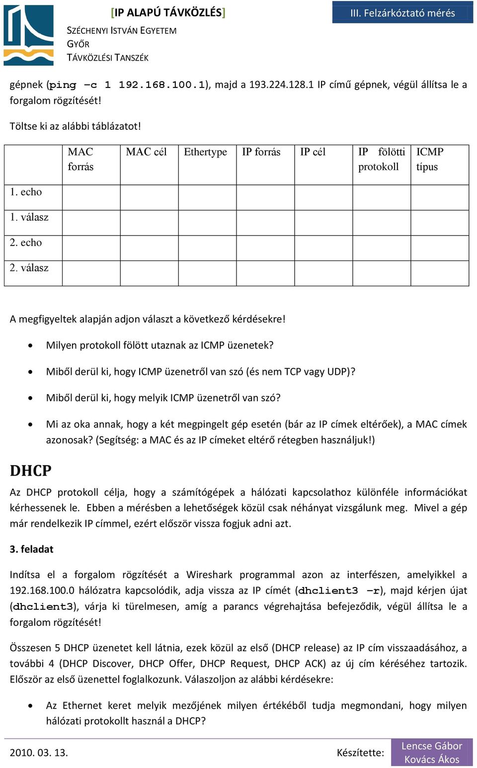 Milyen protokoll fölött utaznak az ICMP üzenetek? Miből derül ki, hogy ICMP üzenetről van szó (és nem TCP vagy UDP)? Miből derül ki, hogy melyik ICMP üzenetről van szó?
