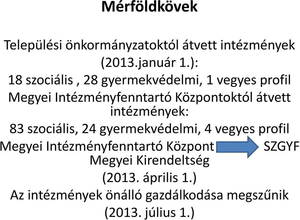 átvett intézmények: 83 szociális, 24 gyermekvédelmi, 4 vegyes profil Megyei Intézményfenntartó