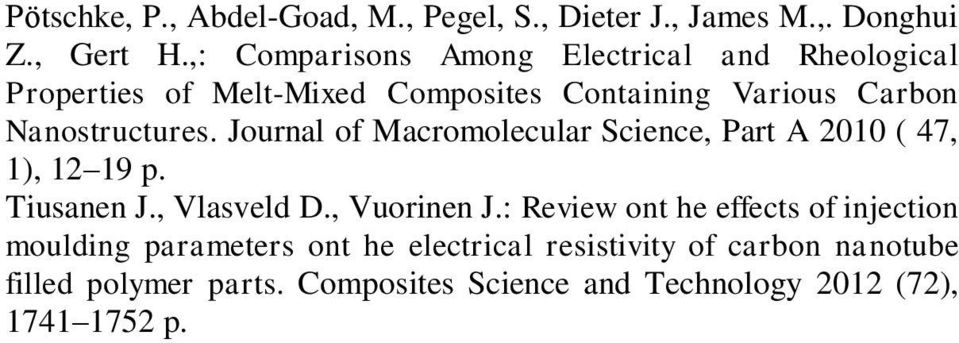 Nanostructures. Journal of Macromolecular Science, Part A 2010 ( 47, 1), 12 19 p. Tiusanen J., Vlasveld D., Vuorinen J.