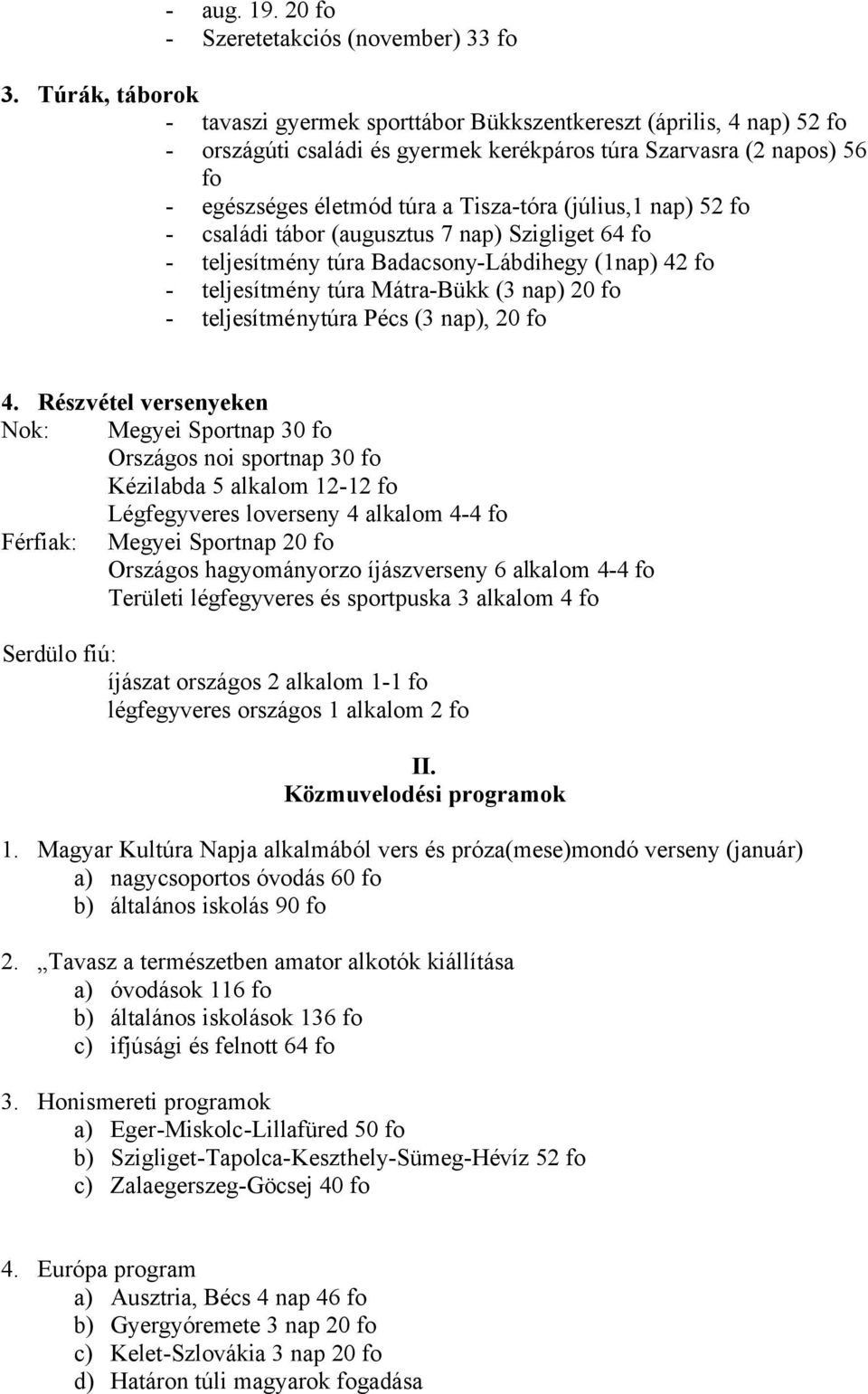 (július,1 nap) 52 fo - családi tábor (augusztus 7 nap) Szigliget 64 fo - teljesítmény túra Badacsony-Lábdihegy (1nap) 42 fo - teljesítmény túra Mátra-Bükk (3 nap) 20 fo - teljesítménytúra Pécs (3
