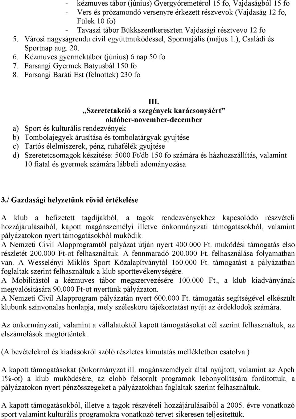 Farsangi Gyermek Batyusbál 150 fo 8. Farsangi Baráti Est (felnottek) 230 fo III.