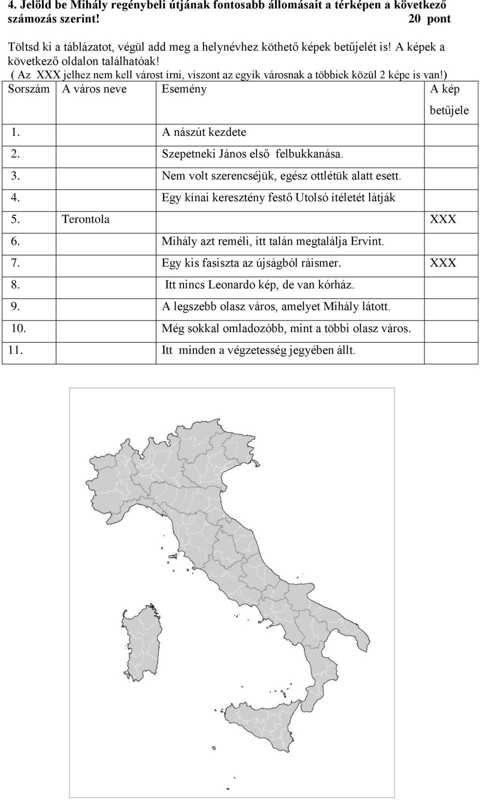 Szepetneki János első felbukkanása. 3. Nem volt szerencséjük, egész ottlétük alatt esett. 4. Egy kínai keresztény festő Utolsó ítéletét látják betűjele 5. Terontola XXX 6.