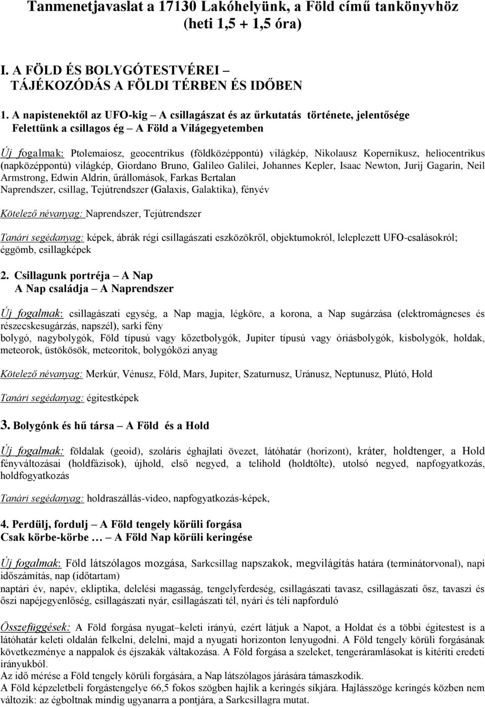 Nikolausz Kopernikusz, heliocentrikus (napközéppontú) világkép, Giordano Bruno, Galileo Galilei, Johannes Kepler, Isaac Newton, Jurij Gagarin, Neil Armstrong, Edwin Aldrin, űrállomások, Farkas