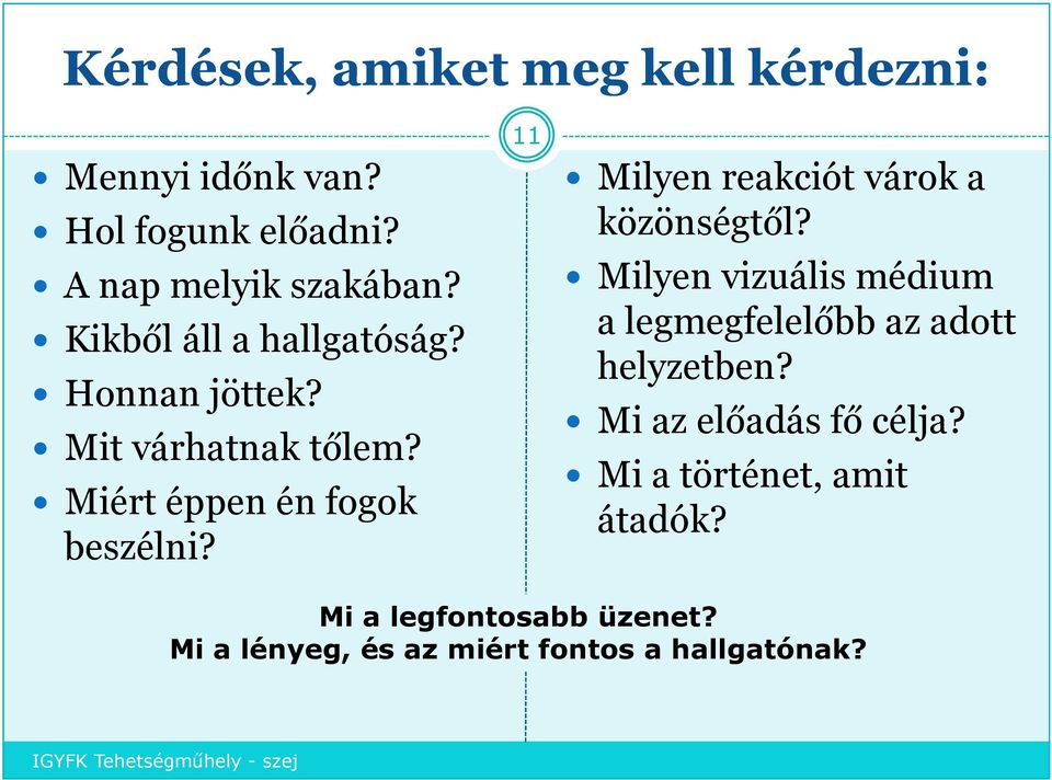 11 Milyen reakciót várok a közönségtől? Milyen vizuális médium a legmegfelelőbb az adott helyzetben?