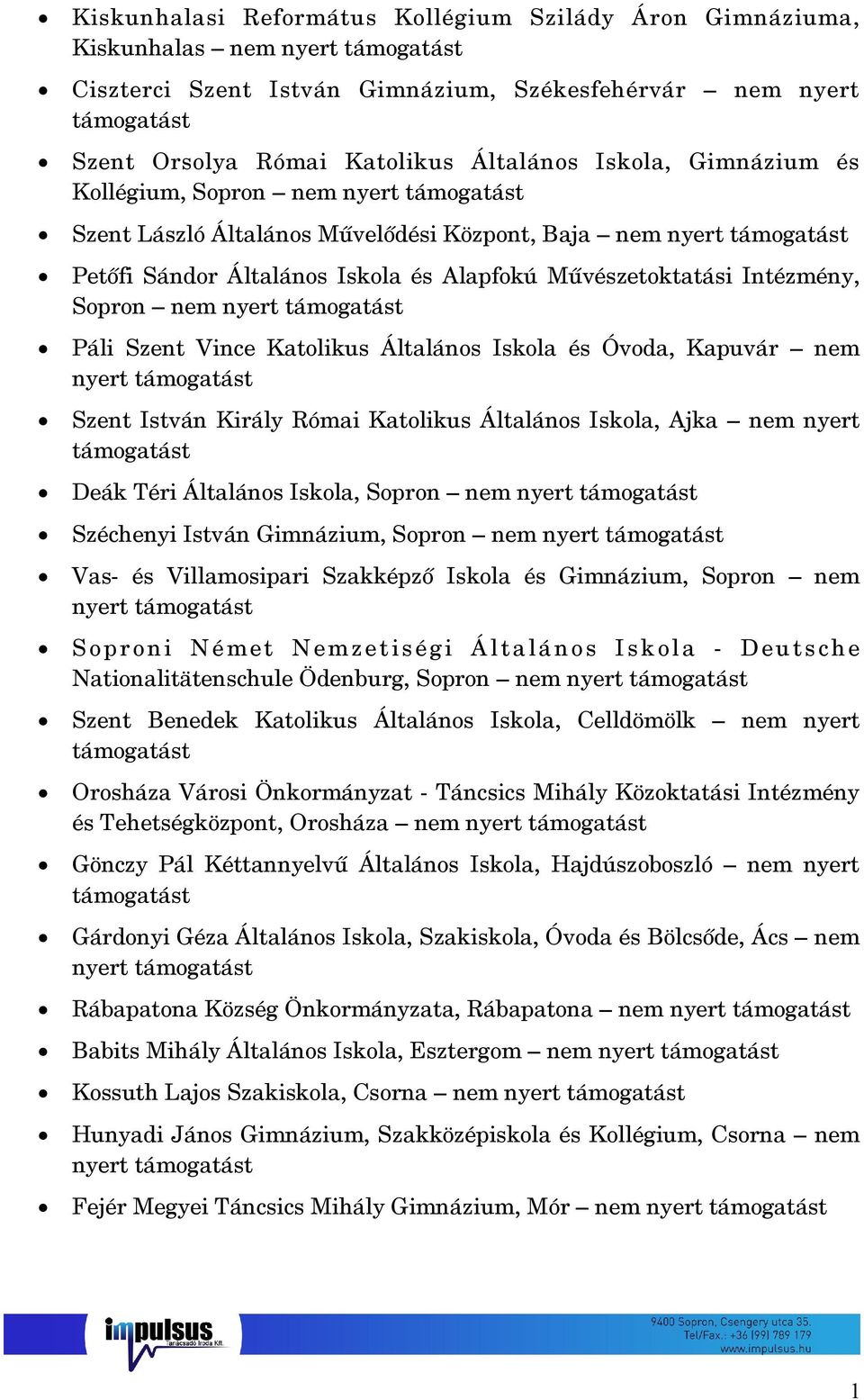 Kapuvár nem Szent István Király Római Katolikus Általános Iskola, Ajka nem Deák Téri Általános Iskola, Sopron nem Széchenyi István Gimnázium, Sopron nem Vas- és Villamosipari Szakképző Iskola és