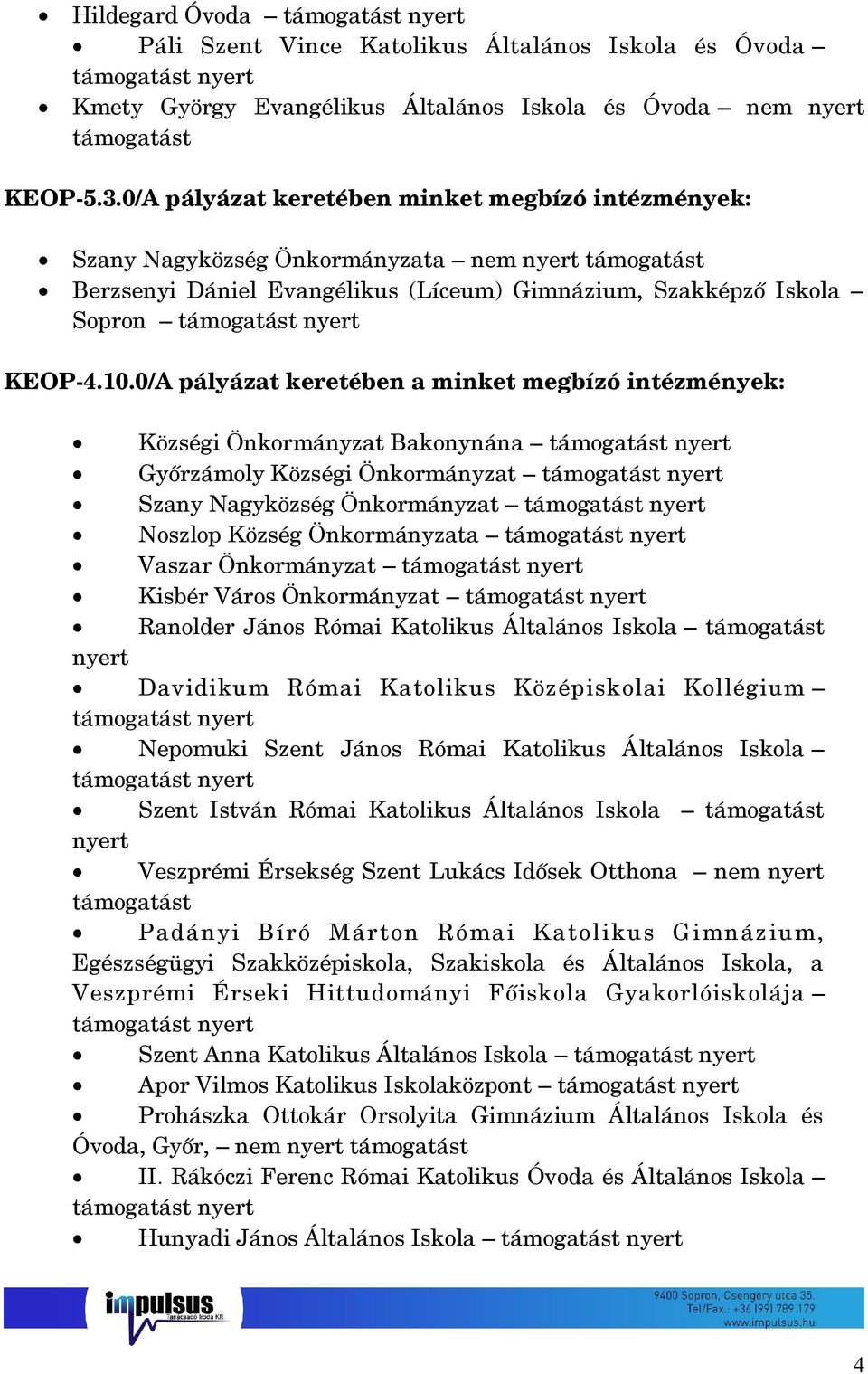 0/A pályázat keretében a minket megbízó intézmények: Községi Önkormányzat Bakonynána Győrzámoly Községi Önkormányzat Szany Nagyközség Önkormányzat Noszlop Község Önkormányzata Vaszar Önkormányzat