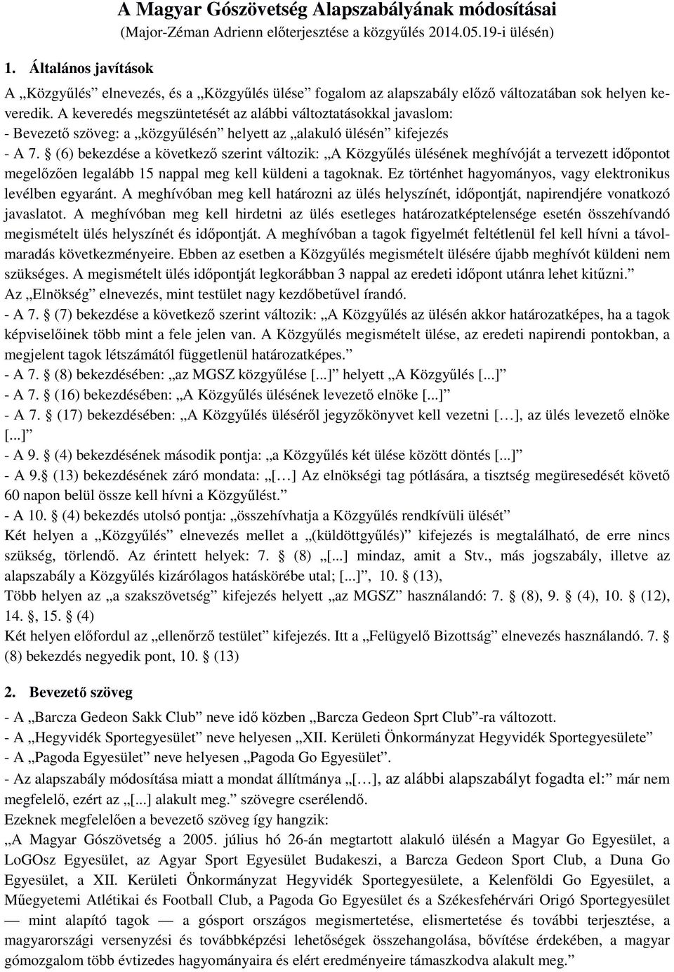 A keveredés megszüntetését az alábbi változtatásokkal javaslom: - Bevezető szöveg: a közgyűlésén helyett az alakuló ülésén kifejezés - A 7.