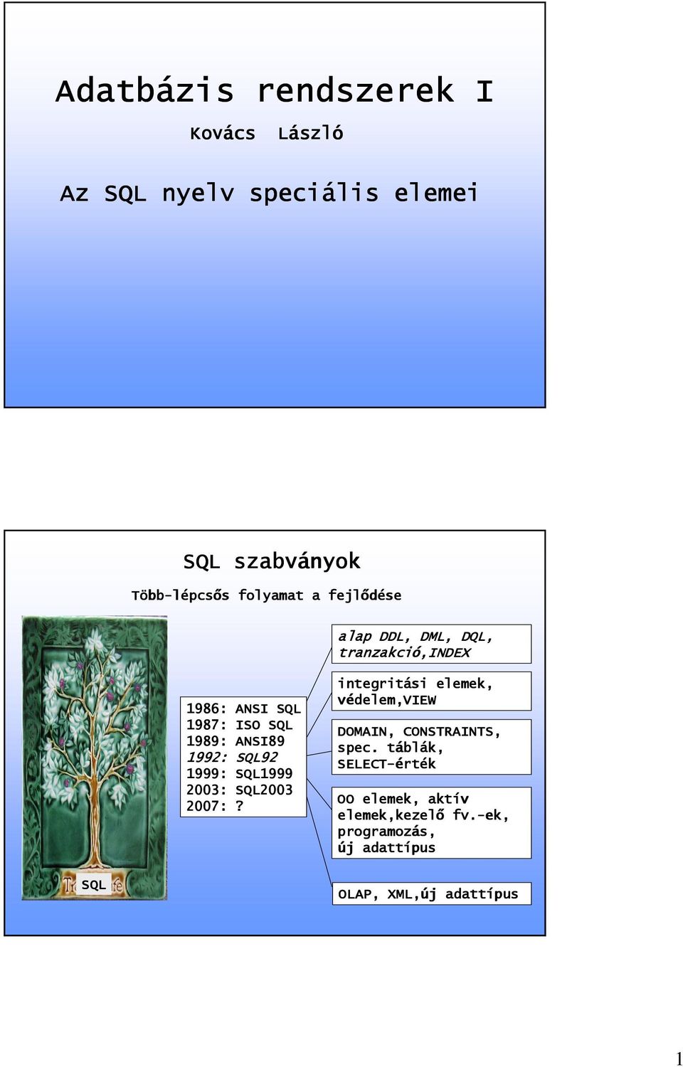 SQL92 1999: SQL1999 2003: SQL2003 2007:? integritási elemek, védelem,view DOMAIN, CONSTRAINTS, spec.