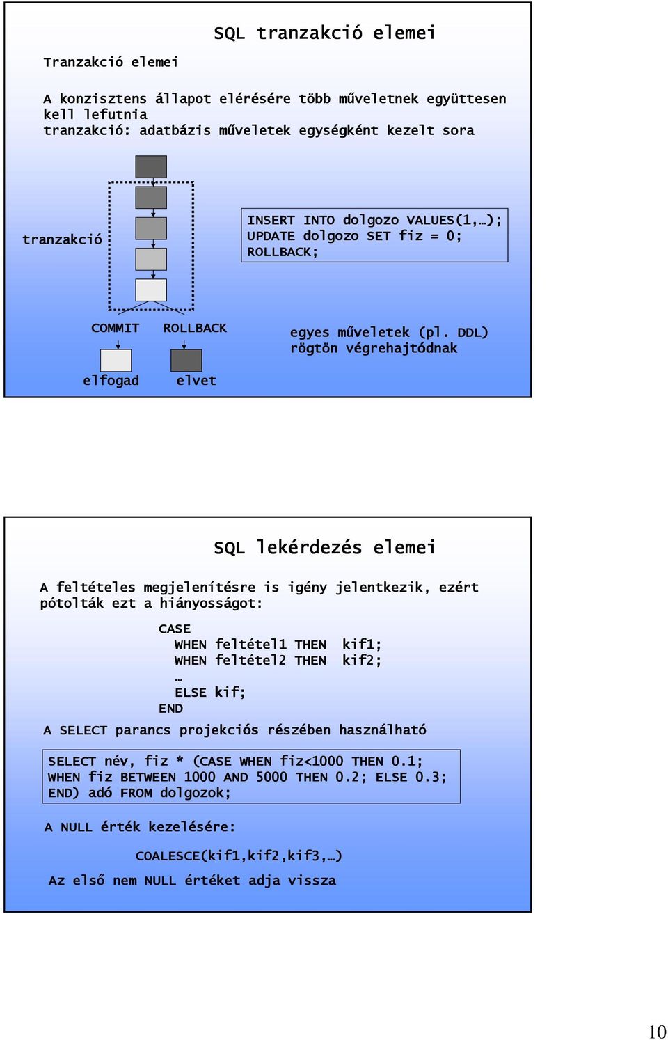 DDL) rögt gtön végrehajtv grehajtódnak SQL lekérdez rdezés elemei A feltételes teles megjelenítésre is igény jelentkezik, ezért pótolt tolták ezt a hiányoss nyosságot: CASE WHEN feltétel1 tel1 THEN