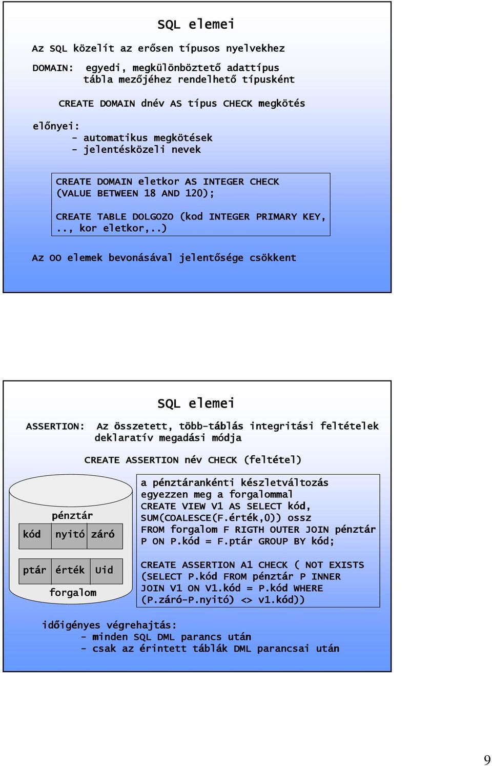 .) Az OO elemek bevonásával val jelentősége csökkent SQL elemei ASSERTION: Az összetett, többt bb-tábl blás integritási feltételek telek deklaratív megadási módjam CREATE ASSERTION név n CHECK