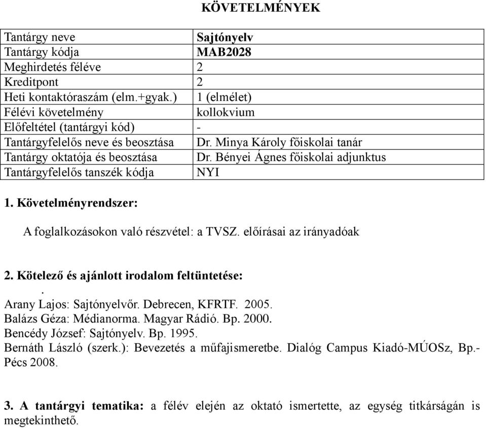 Kötelező és ajánlott irodalom feltüntetése:. Arany Lajos: Sajtónyelvőr. Debrecen, KFRTF. 2005. Balázs Géza: Médianorma. Magyar Rádió. Bp. 2000. Bencédy József: Sajtónyelv. Bp. 1995.