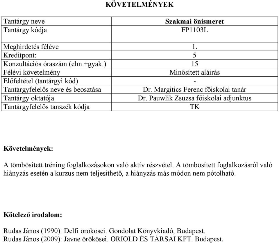 A tömbösített foglalkozásról való hiányzás esetén a kurzus nem teljesíthető, a hiányzás más módon nem pótolható.