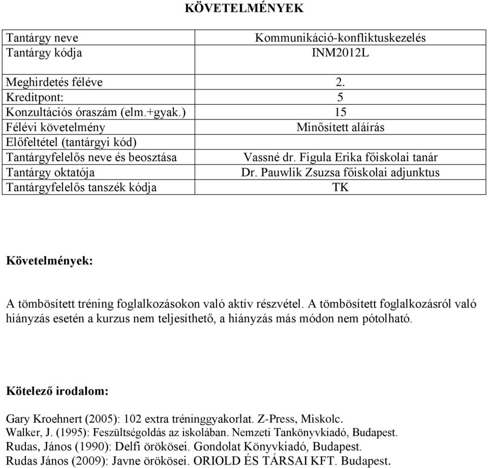 A tömbösített foglalkozásról való hiányzás esetén a kurzus nem teljesíthető, a hiányzás más módon nem pótolható.