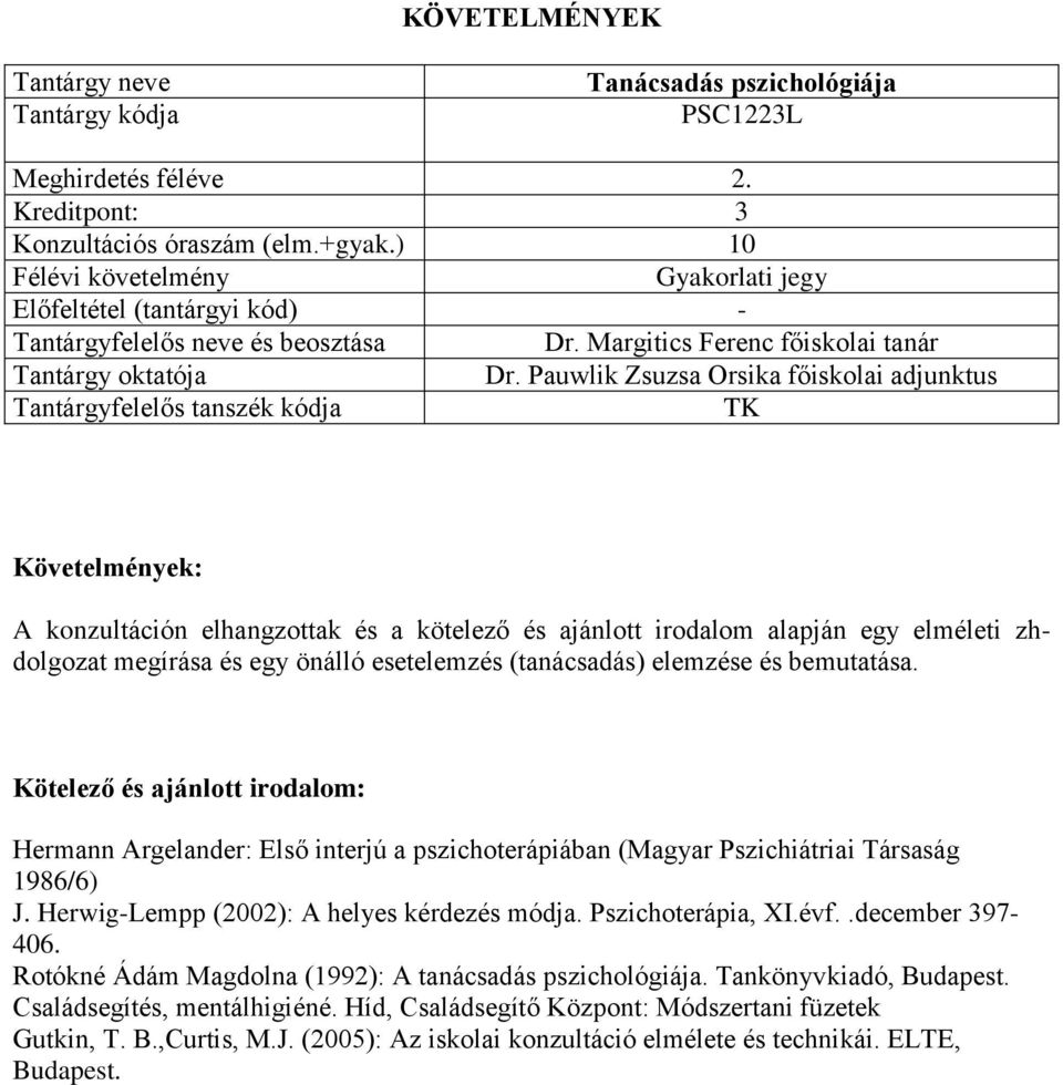 bemutatása. Hermann Argelander: Első interjú a pszichoterápiában (Magyar Pszichiátriai Társaság 1986/6) J. Herwig-Lempp (2002): A helyes kérdezés módja. Pszichoterápia, XI.évf..december 397-406.