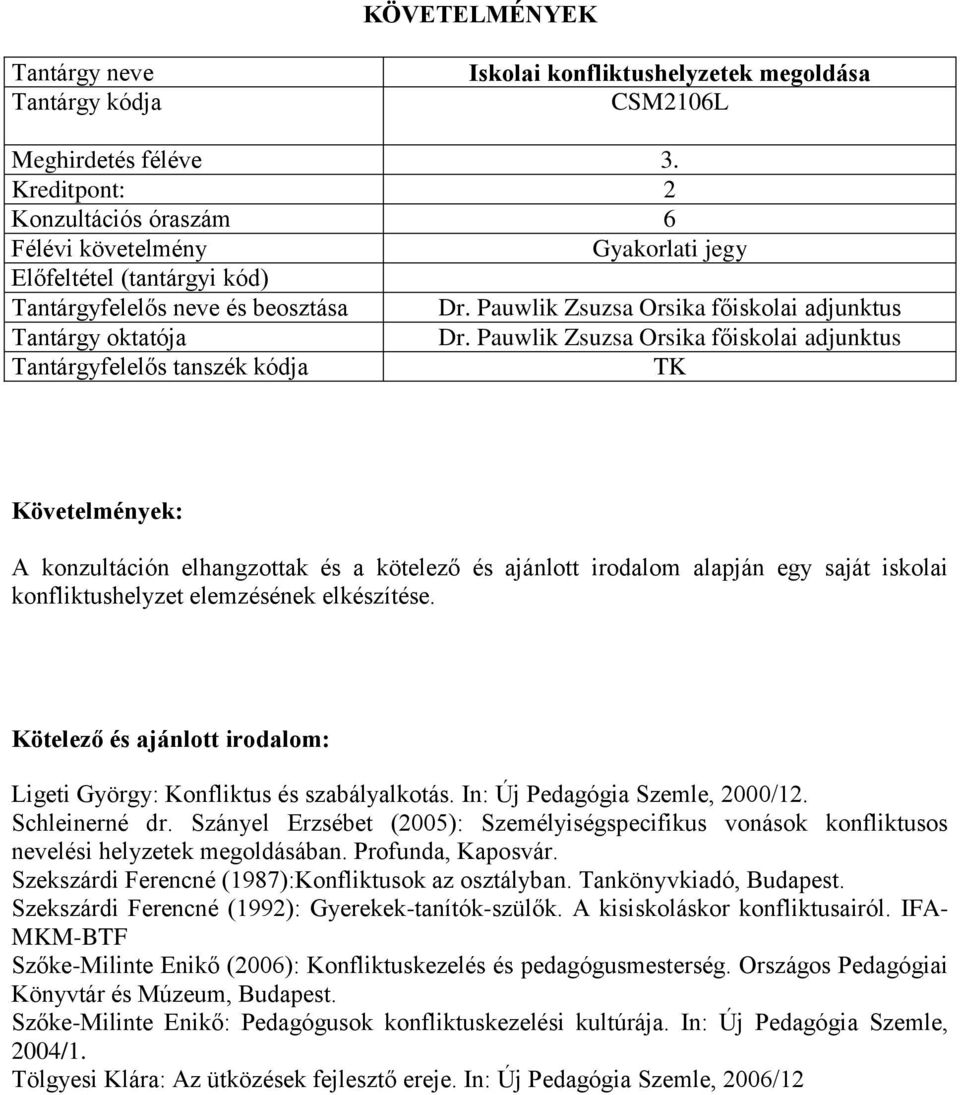 Ligeti György: Konfliktus és szabályalkotás. In: Új Pedagógia Szemle, 2000/12. Schleinerné dr. Szányel Erzsébet (2005): Személyiségspecifikus vonások konfliktusos nevelési helyzetek megoldásában.