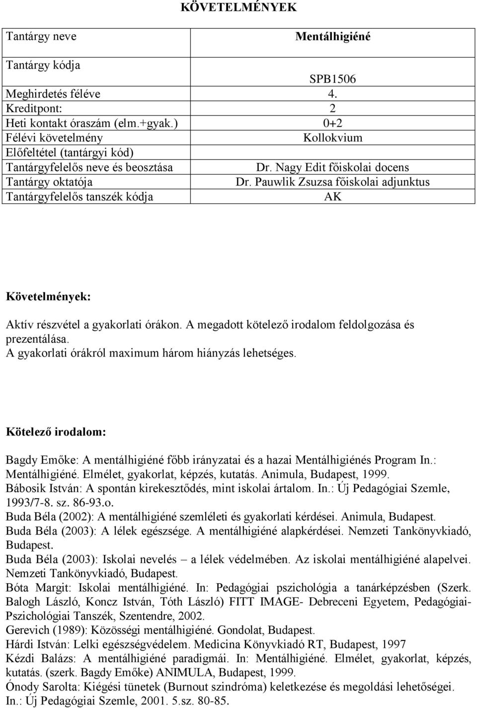 Kötelező irodalom: Bagdy Emőke: A mentálhigiéné főbb irányzatai és a hazai Mentálhigiénés Program In.: Mentálhigiéné. Elmélet, gyakorlat, képzés, kutatás. Animula, Budapest, 1999.
