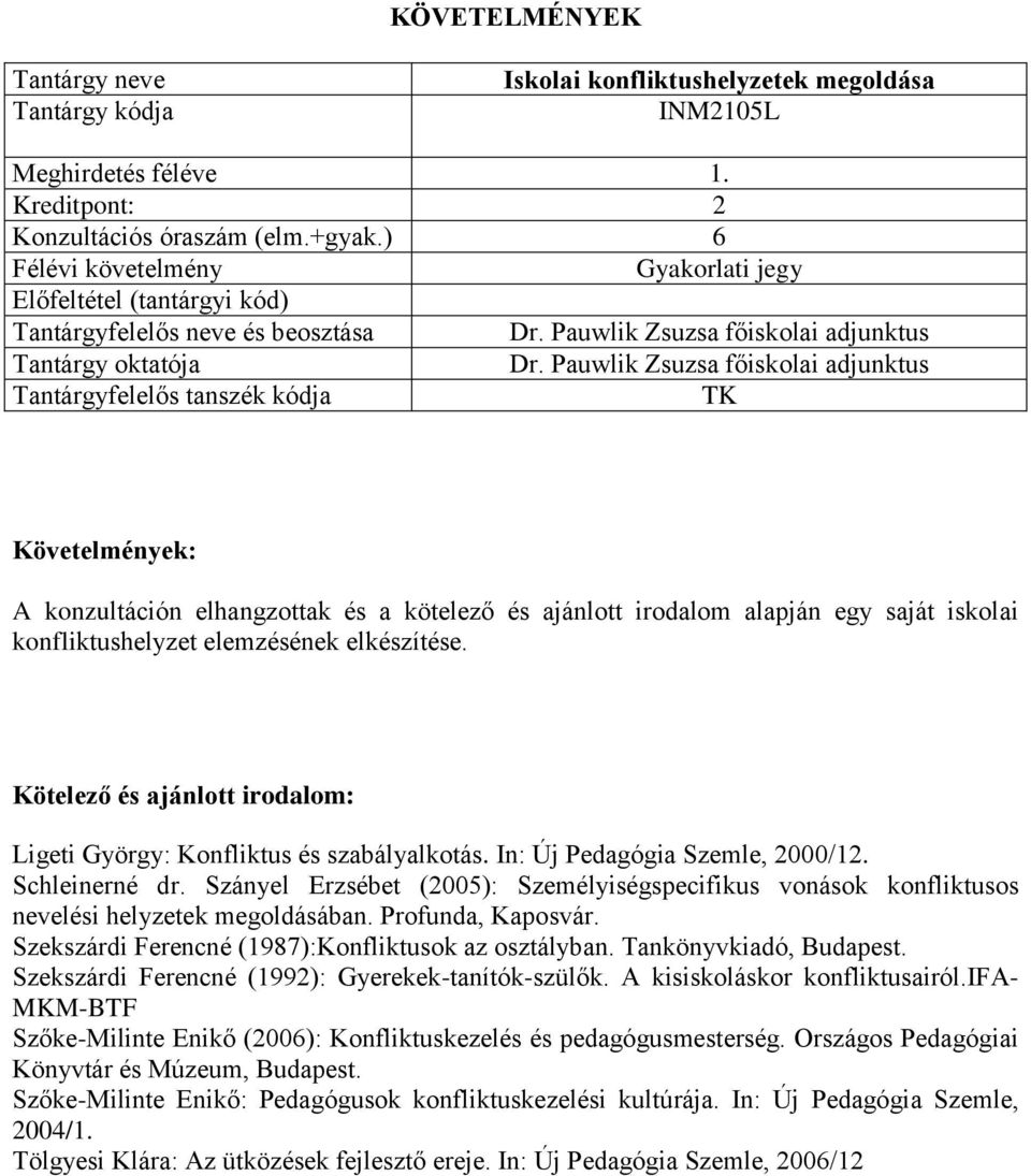 Ligeti György: Konfliktus és szabályalkotás. In: Új Pedagógia Szemle, 2000/12. Schleinerné dr. Szányel Erzsébet (2005): Személyiségspecifikus vonások konfliktusos nevelési helyzetek megoldásában.