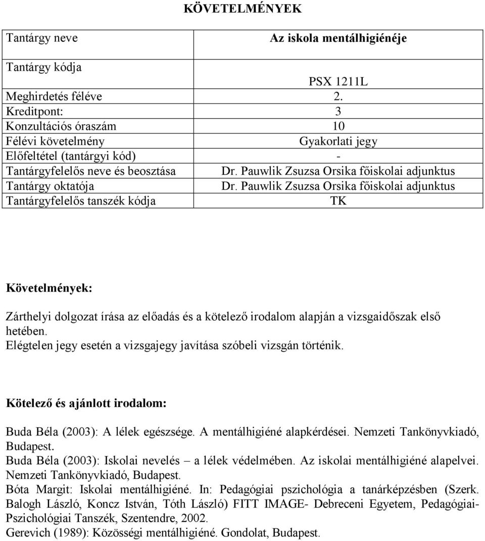 Elégtelen jegy esetén a vizsgajegy javítása szóbeli vizsgán történik. Buda Béla (2003): A lélek egészsége. A mentálhigiéné alapkérdései. Nemzeti Tankönyvkiadó, Budapest.