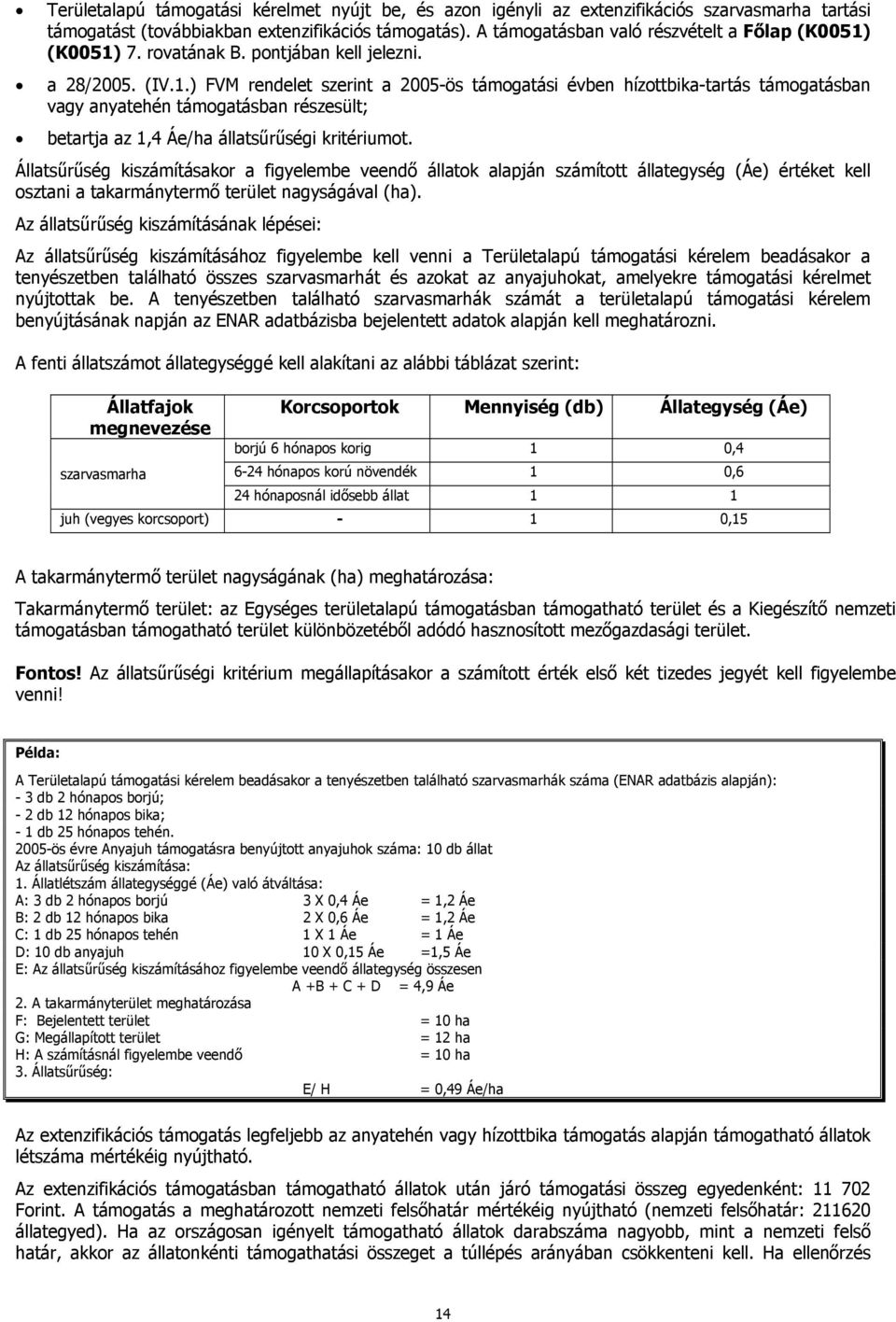 (K0051) 7. rovatának B. pontjában kell jelezni. a 28/2005. (IV.1.) FVM rendelet szerint a 2005-ös támogatási évben hízottbika-tartás támogatásban vagy anyatehén támogatásban részesült; betartja az 1,4 Áe/ha állatsűrűségi kritériumot.